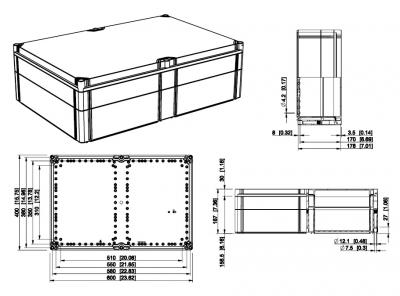 Polycarbonate housing 600x400x185 mm plastic gray IP66 with smooth base