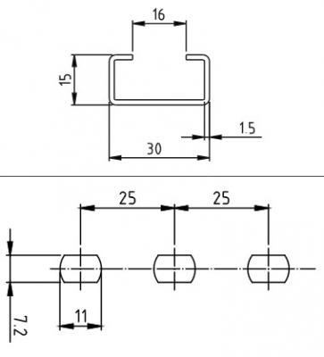 12,5cm C-Profil-Schiene 30x15mm gelocht 125mm