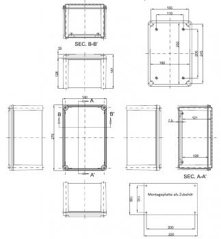 GFK-Gehäuse 270x180x141 mm Deckel transparent uv-stabil