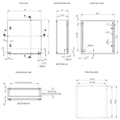 control cabinet 300x250x210 mm HBT IP66 1-door sheet steel with mounting plate