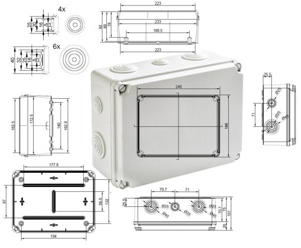 EV231 Kunststoffgehäuse mit Tüllen 241x180x95mm LBH innen - VE 16 Stück