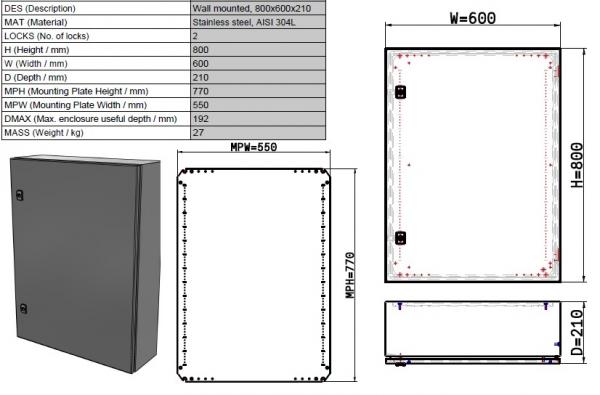 V2A stainless steel enclosure 800x600x210mm HBT 1-door IP66 AISI 304L