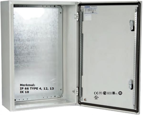 steel control cabinet 600x500x210 mm HBT IP66 1-door sheet steel with galvanized metal mounting plate